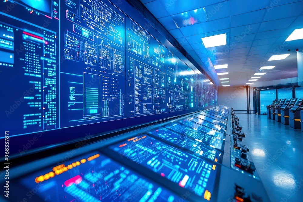 Obraz premium Futuristic Control Room with Rows of Monitors Displaying Data