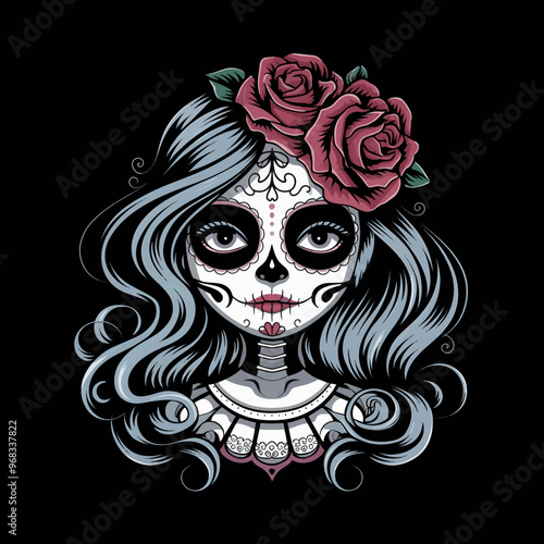 A captivating and whimsical illustration of a hauntingly beautiful sugar skull girl set against a dark background. The main character is adorned
with intricate white and black face paint