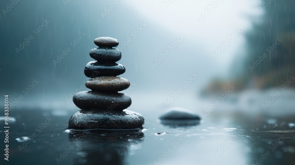 stones in balanced pile in water on rippled water surface stones in balanced pile in water on rippled water surface