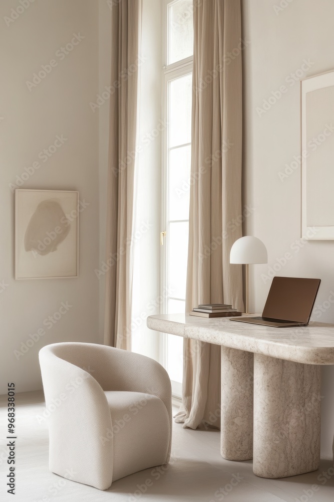 Chic feminine home interior office desk, laptop editorial aesthetic, light and airy summer photography for social media faceless digital content marketing