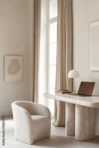 Obraz na płótnie Chic feminine home interior office desk, laptop editorial aesthetic, light and airy summer photography for social media faceless digital content marketing w salonie