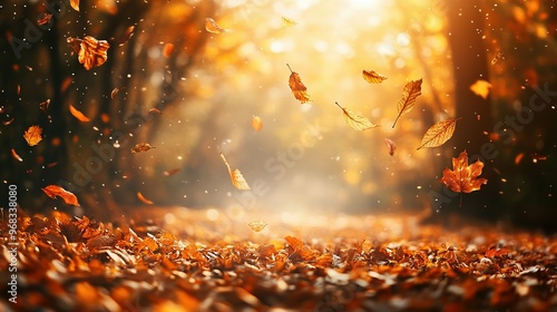 Golden Leaves Falling Through a Sunlit Forest