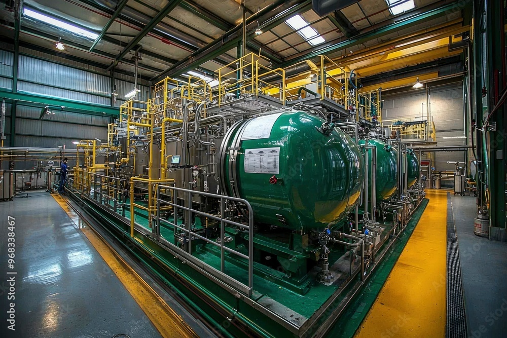 Fototapeta premium Industrial Factory Interior with Large Green Cylindrical Tanks