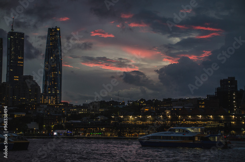 pink sky in city at night with lights photo