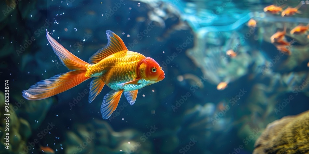 Orange fish gracefully dances in azure depths vibrant scales shimmering like fire in water adding warmth to the aquatic canvas with every elegant move Orange fish gracefully dances in azure depths vibrant scales shimmering like fire in water adding warmth to the aquatic canvas with every elegant move