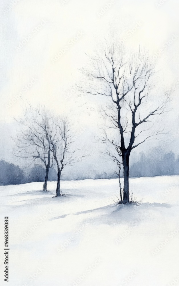 A serene winter landscape featuring bare trees in a snowy field, creating a calm and peaceful atmosphere. A serene winter landscape featuring bare trees in a snowy field, creating a calm and peaceful atmosphere.