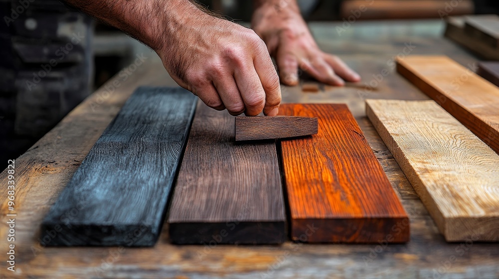 Close-up of a carpenter's hand, carefully applying a dark stain to a piece of light natural wood, highlighting the contrast between raw and treated surfaces, with various wood samples nearby Close-up of a carpenter's hand, carefully applying a dark stain to a piece of light natural wood, highlighting the contrast between raw and treated surfaces, with various wood samples nearby