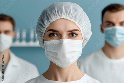 Group of female doctors with masks on blue background. Medicine and health care concept. Professional medical staff. National Doctor's Day.