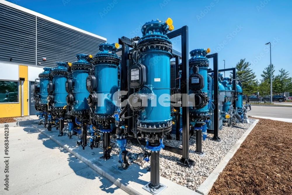 Fototapeta premium Row of Industrial Blue Cylindrical Filtration Systems