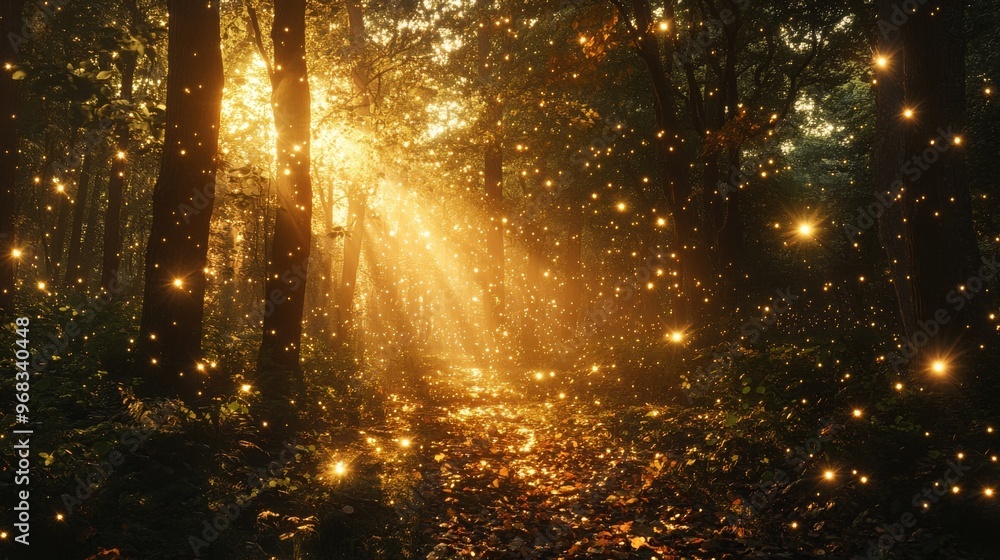 Sunbeams Illuminate a Path Through a Forest with Golden Lights Sunbeams Illuminate a Path Through a Forest with Golden Lights