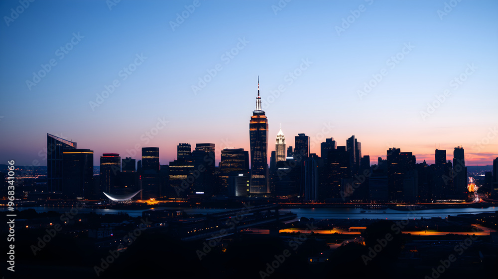 Obraz premium Glowing outline of a city skyline at dusk, capturing the transition from day to night, city glowtime, urban and dynamic.