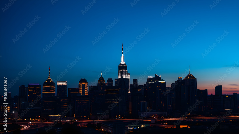 Naklejka premium Glowing outline of a city skyline at dusk, capturing the transition from day to night, city glowtime, urban and dynamic.