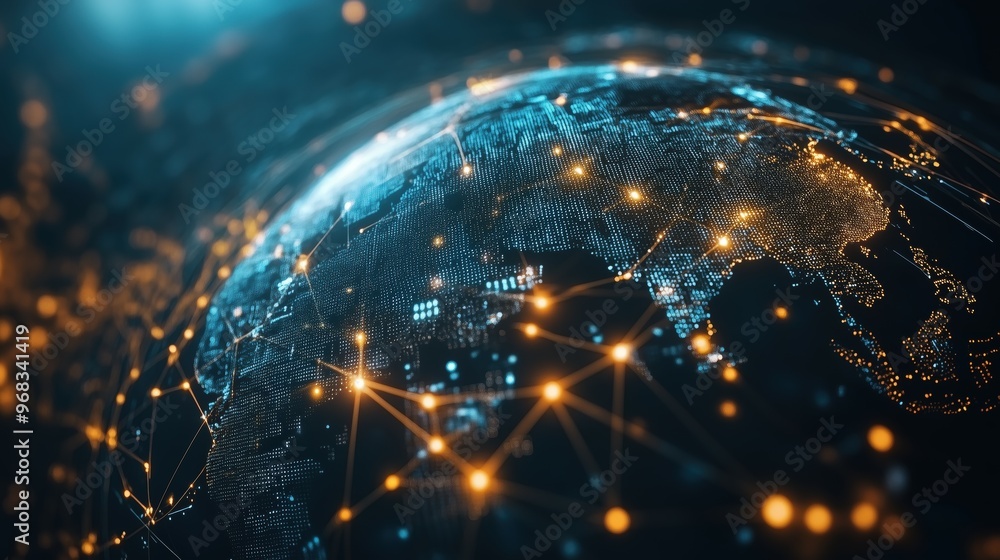 Obraz premium Futuristic Holographic Globe with Interconnected Network Lines - Global Technology Visualization Concept