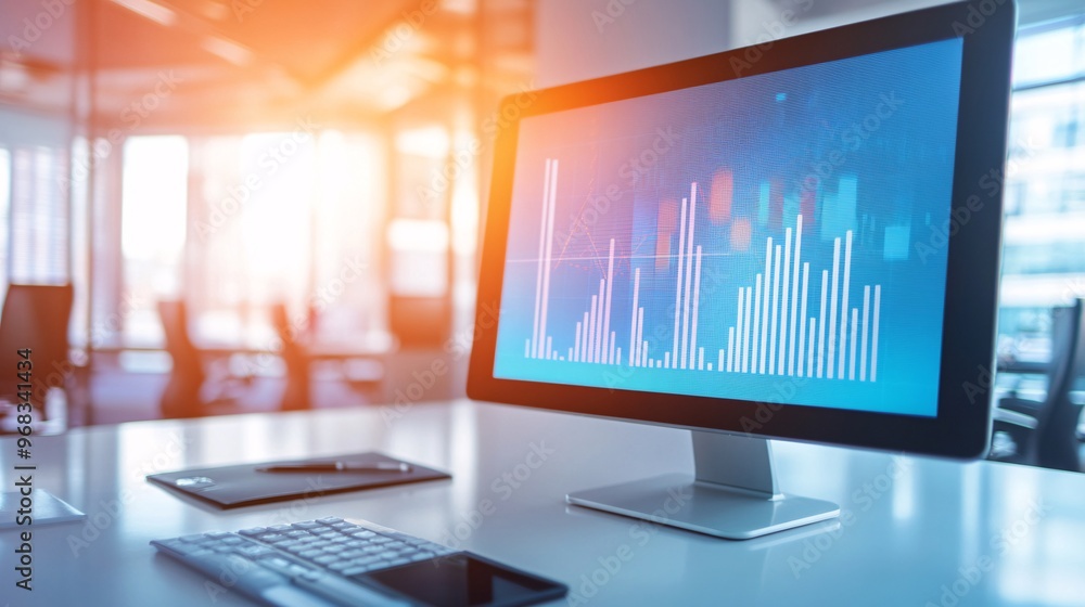 Modern workspace with a computer displaying financial data and analytics in a bright office environment. Modern workspace with a computer displaying financial data and analytics in a bright office environment.