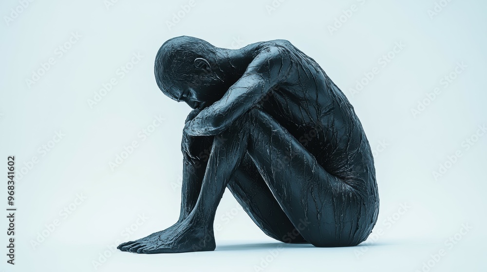 Fototapeta premium Full body shot of a grieving individual, their posture slumped and face etched with sorrow, isolated on a white background