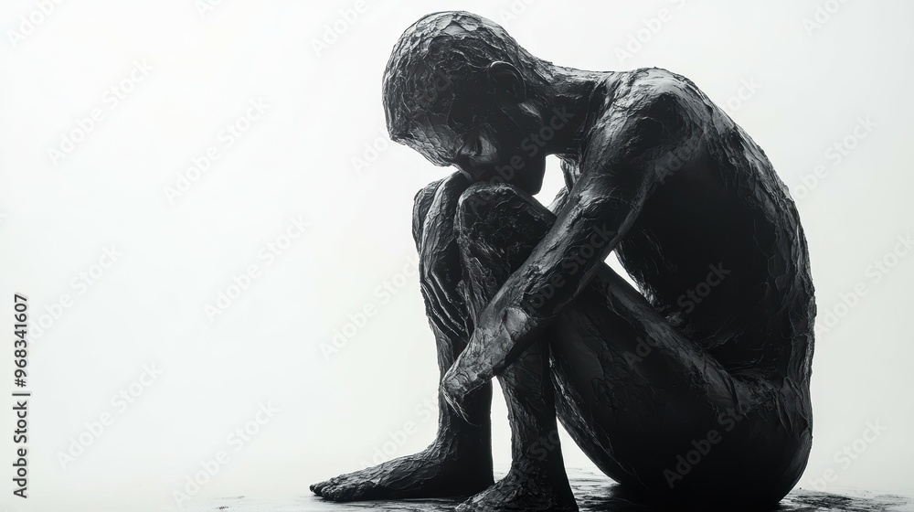 Full body shot of a grieving individual, their posture slumped and face etched with sorrow, isolated on a white background Full body shot of a grieving individual, their posture slumped and face etched with sorrow, isolated on a white background