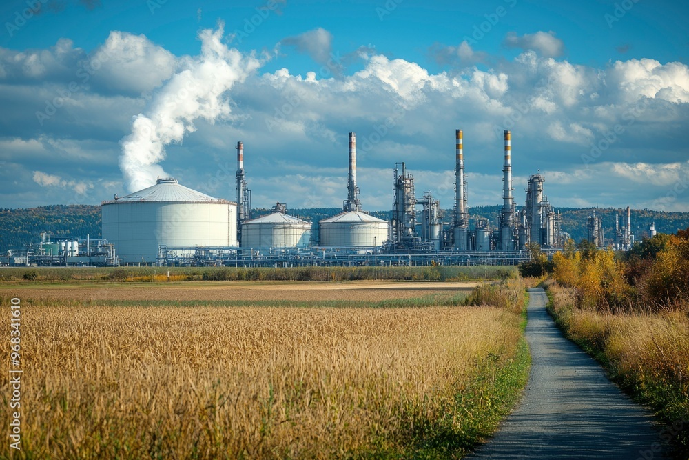 Industrial Refinery Complex with Smoke and Field Path Industrial Refinery Complex with Smoke and Field Path
