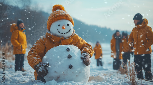 man dressed as a snowman playing joyfully in the snow during winter adventures and sustainable tourism in nature