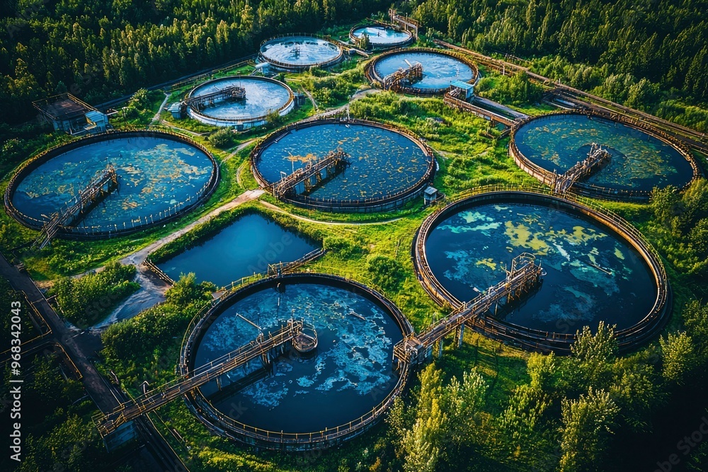 Aerial view of circular water treatment tanks surrounded by greenery Aerial view of circular water treatment tanks surrounded by greenery
