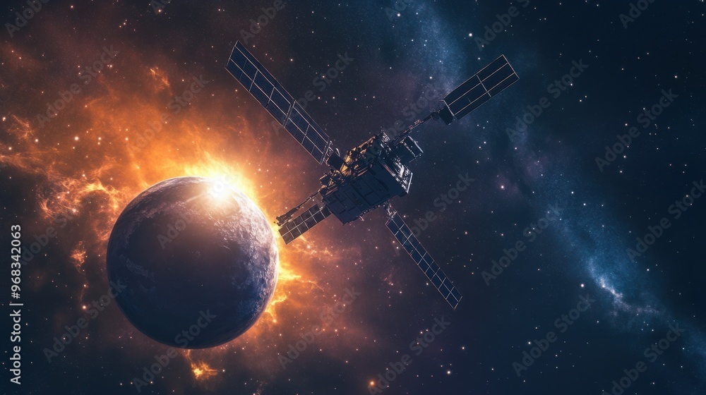 A satellite orbiting a distant planet, collecting data while stars and space surround it. A satellite orbiting a distant planet, collecting data while stars and space surround it.