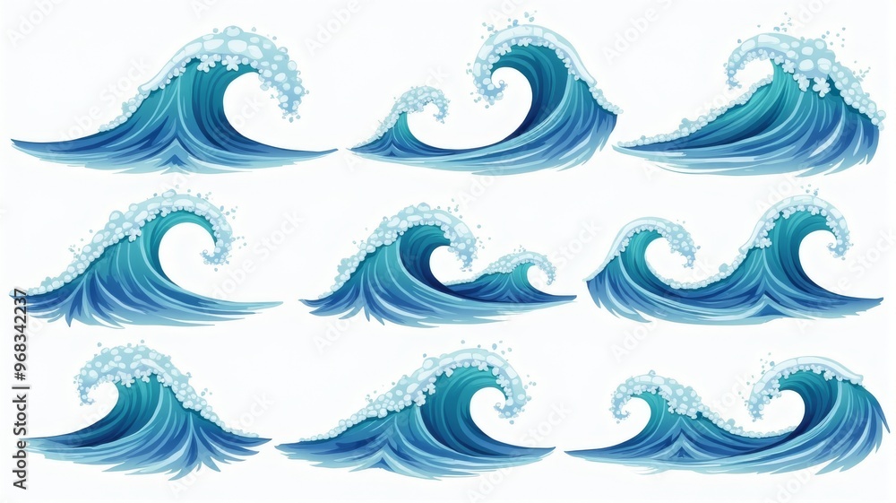 Stunning Water Wave Illustrations with Detailed Ocean Surf, Perfect for Marine-Themed Designs and Educational Materials Stunning Water Wave Illustrations with Detailed Ocean Surf, Perfect for Marine-Themed Designs and Educational Materials