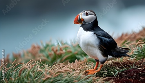 Atlantic puffin perched on Noss Islands rugged shores photo