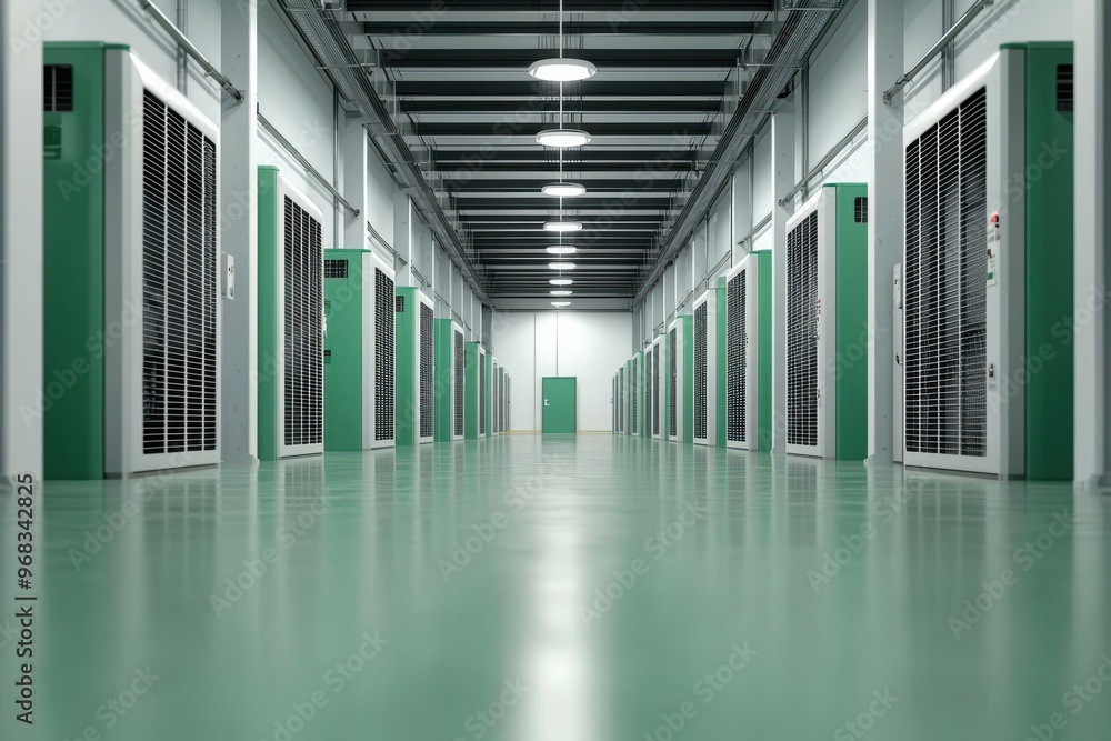 Fototapeta premium A green warehouse with energy-efficient cooling and heating systems, ensuring sustainable product storage, energy-efficient HVAC warehouse, eco-friendly climate control