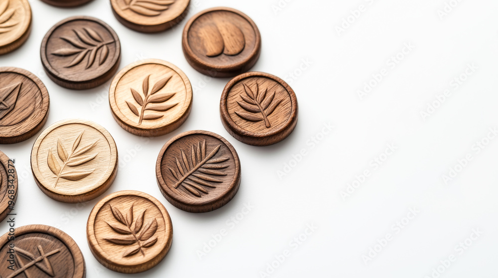 A collection of wooden tokens featuring intricate leaf designs, ideal for crafting, decoration, or eco-friendly events. A collection of wooden tokens featuring intricate leaf designs, ideal for crafting, decoration, or eco-friendly events.