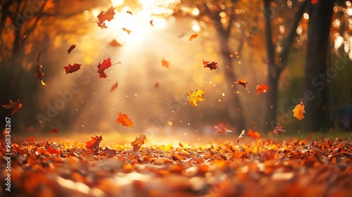 Golden leaves fall in a beautiful autumn forest, bathed in warm sunlight.