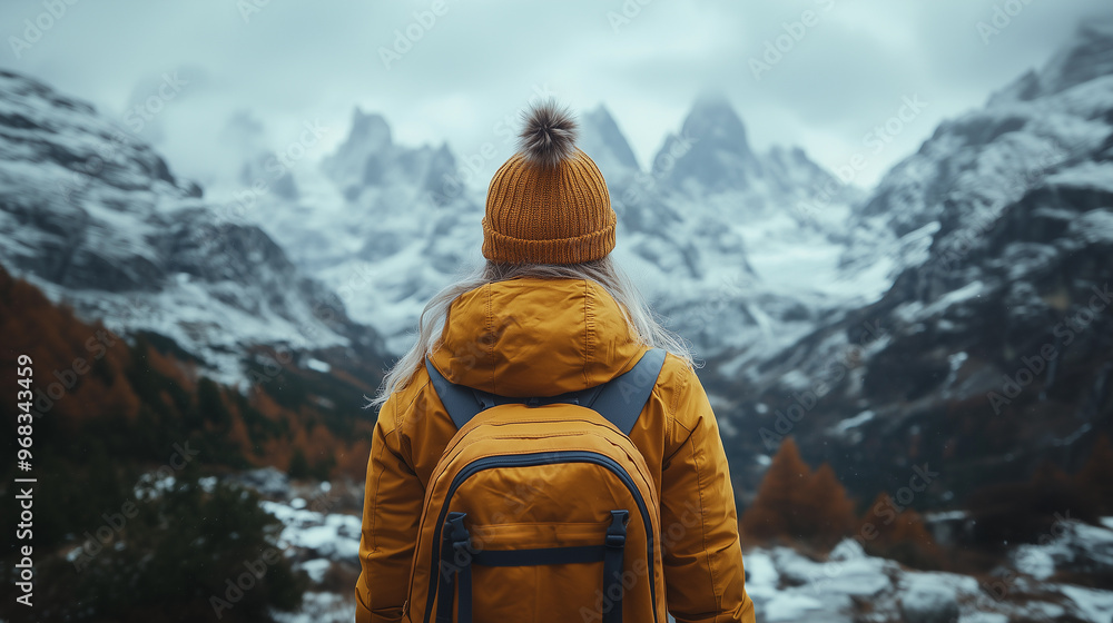 woman with hat in a yellow winter outfit observing snowy mountains, seeking adventure and sustainable tourism woman with hat in a yellow winter outfit observing snowy mountains, seeking adventure and sustainable tourism