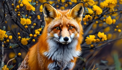 Vibrant red fox nestled amid bright yellow flowering scrub photo