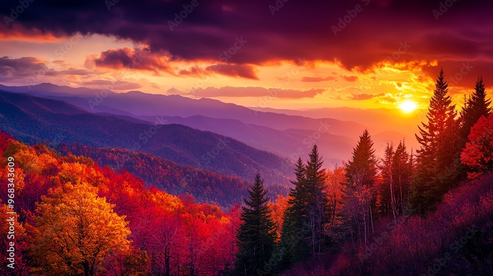 Vibrant autumn foliage in a mountainous landscape at sunset. Vibrant autumn foliage in a mountainous landscape at sunset.