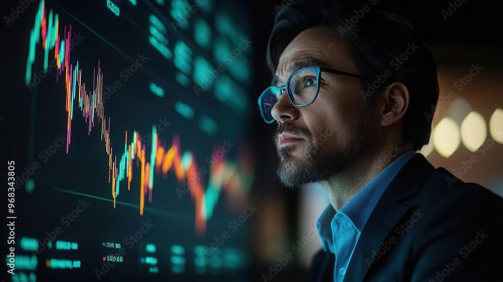 Businessman observing a falling interest rate graph with concern, economic downturn visualization Businessman observing a falling interest rate graph with concern, economic downturn visualization