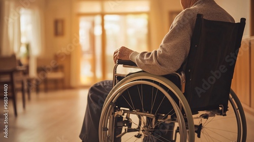 An elderly man in a wheelchair, enjoying a serene afternoon in a softly lit room.