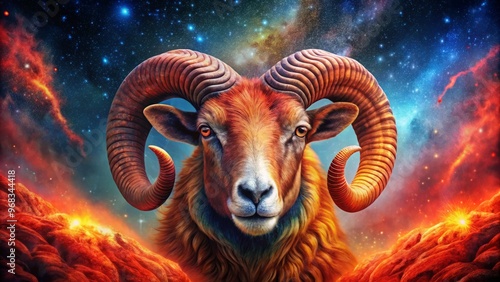 A crimson ram charges forth, its horns twirling like a whirlwind against the shimmering tapestry of stars that photo