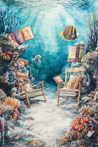 An imaginative underwater landscape merging floating chairs and books amidst vibrant marine life photo