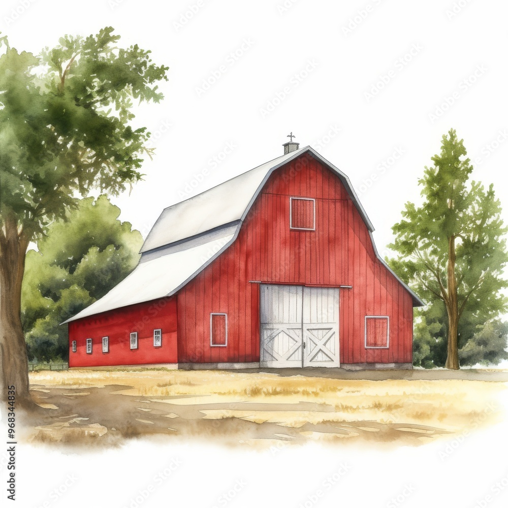 Beautiful Red Barn Illustration Surrounded by Trees, Perfect for Rural Agriculture and Farming Themes Beautiful Red Barn Illustration Surrounded by Trees, Perfect for Rural Agriculture and Farming Themes