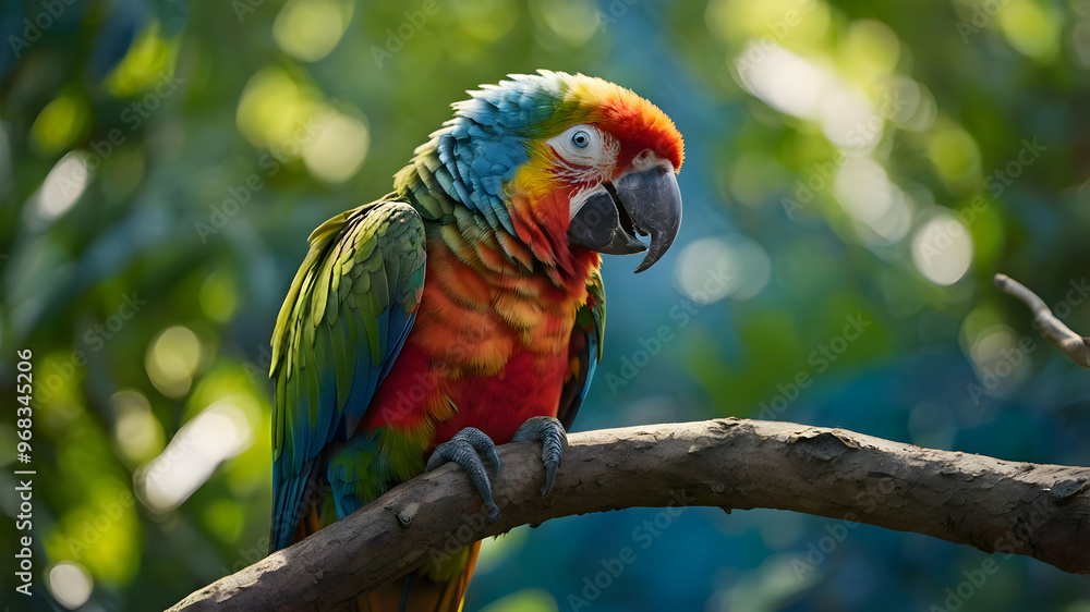 Green and red macaw on branch of tree Green and red macaw on branch of tree