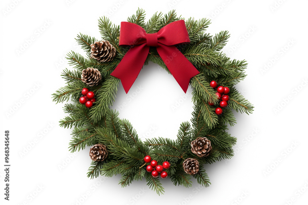 Festive Christmas wreath adorned with pine cones, red berries, and a vibrant red bow, perfect for holiday decoration. Festive Christmas wreath adorned with pine cones, red berries, and a vibrant red bow, perfect for holiday decoration.