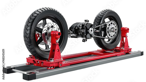 Motorcycle Rear Wheel and Swingarm on Red Stand photo