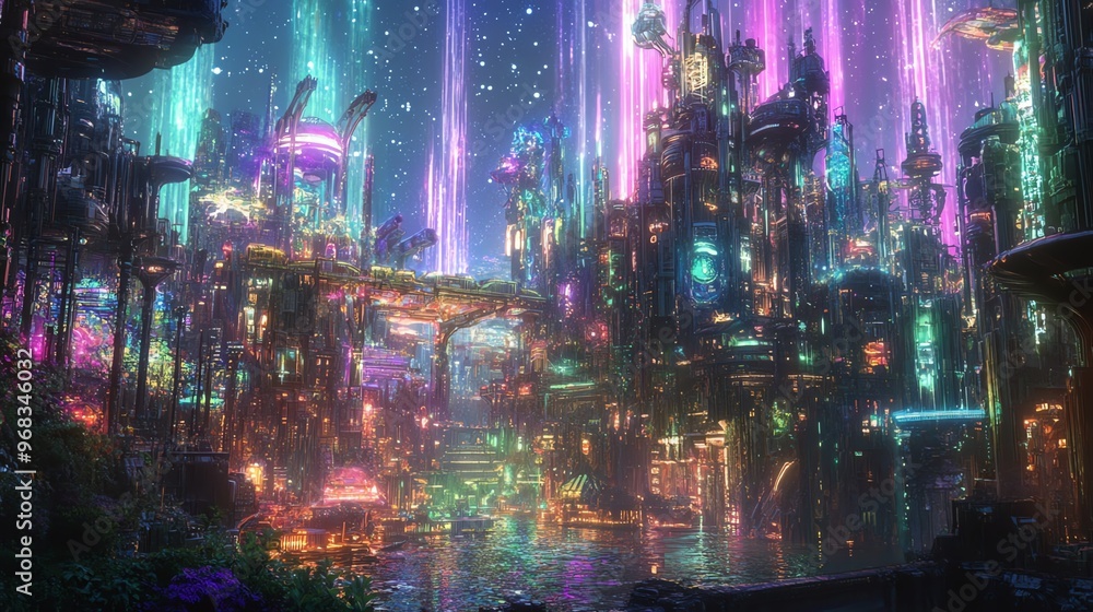 Wide-angle perspective of a fantasy landscape merging with a high-tech cityscape Wide-angle perspective of a fantasy landscape merging with a high-tech cityscape