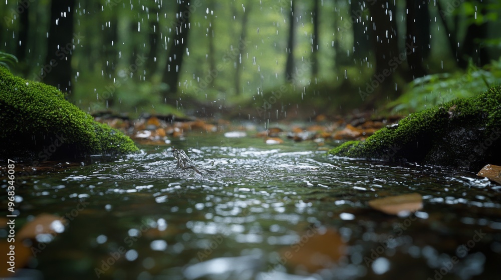 Fototapeta premium Rain Falling on a Creek in a Forest