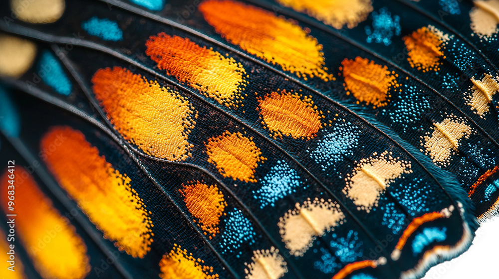A butterfly wing with orange and blue spots. The wing is very detailed and has a lot of texture A butterfly wing with orange and blue spots. The wing is very detailed and has a lot of texture