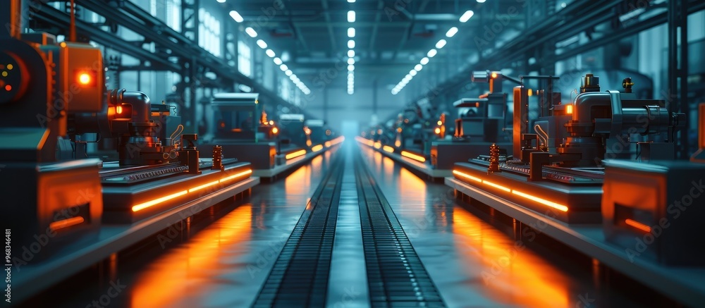 Futuristic interior view of an automated industrial factory or warehouse with conveyor belts robotic machinery and advanced technological equipment The scene depicts a modern efficient Futuristic interior view of an automated industrial factory or warehouse with conveyor belts robotic machinery and advanced technological equipment The scene depicts a modern efficient