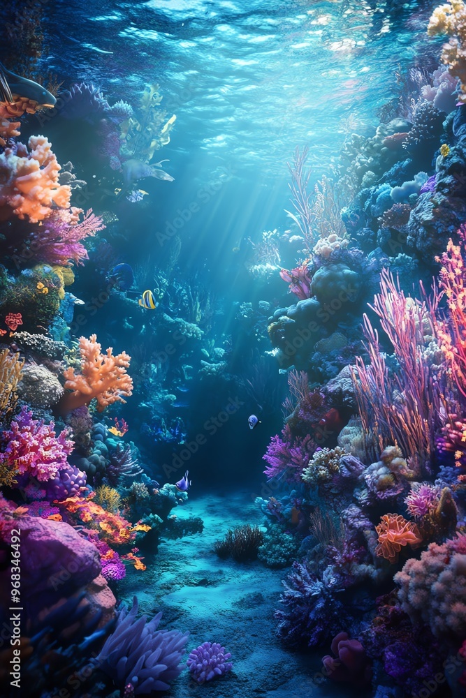 Fototapeta premium A breathtaking underwater utopia, featuring vibrant coral reefs and ethereal marine life, illuminated by surreal, soft lighting, capturing a dreamlike atmosphere, photorealistic