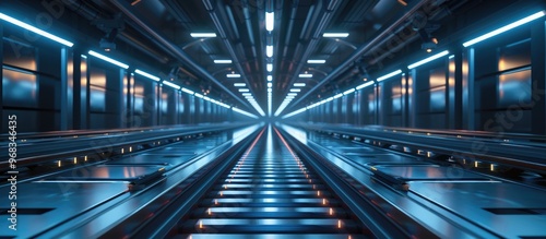 Futuristic sci fi interior corridor with vanishing perspective leading into a long illuminated blue hallway with geometric patterns and clean minimalist design