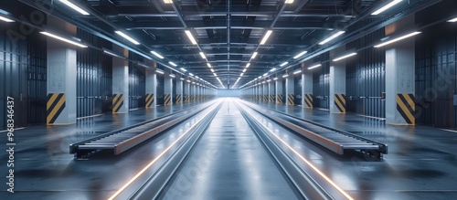 Futuristic industrial style hallway with a symmetrical vanishing point perspective and dramatic lighting The corridor features a minimalist concrete and steel design with clean lines shadows