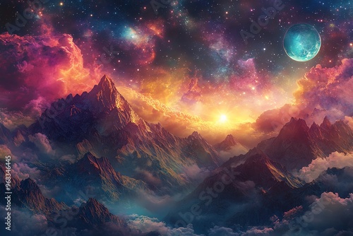 Wallpaper Mural A breathtaking panoramic view of a vibrant fantasy world seamlessly merging with an expansive galaxy Torontodigital.ca