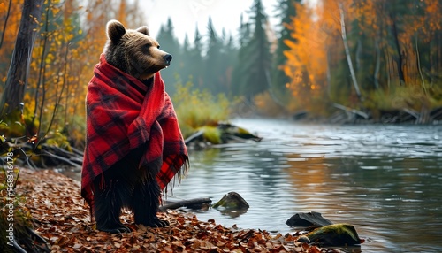 Cozy bear wrapped in red plaid blanket beside a tranquil riverbank in autumn, harmonizing wilderness charm with a touch of comfort. photo