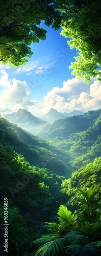 Breathtaking view of a lush green valley surrounded by mountains, illuminated by a bright sky and vibrant foliage.
